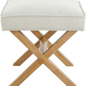 Basics Modern Padded Upholstered Square Ottoman, Foot Stool Living Room, Entryway, Hallyway, Living Room, Linen, Solid Wood, Ivory, 45.7 x 50.8 x 45.7 cm